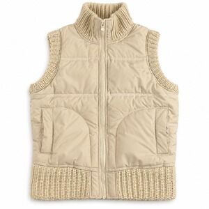 TNA Aritzia Beige Puffer Vest Knit Trim Down Fill Mixed Media Tan Small
